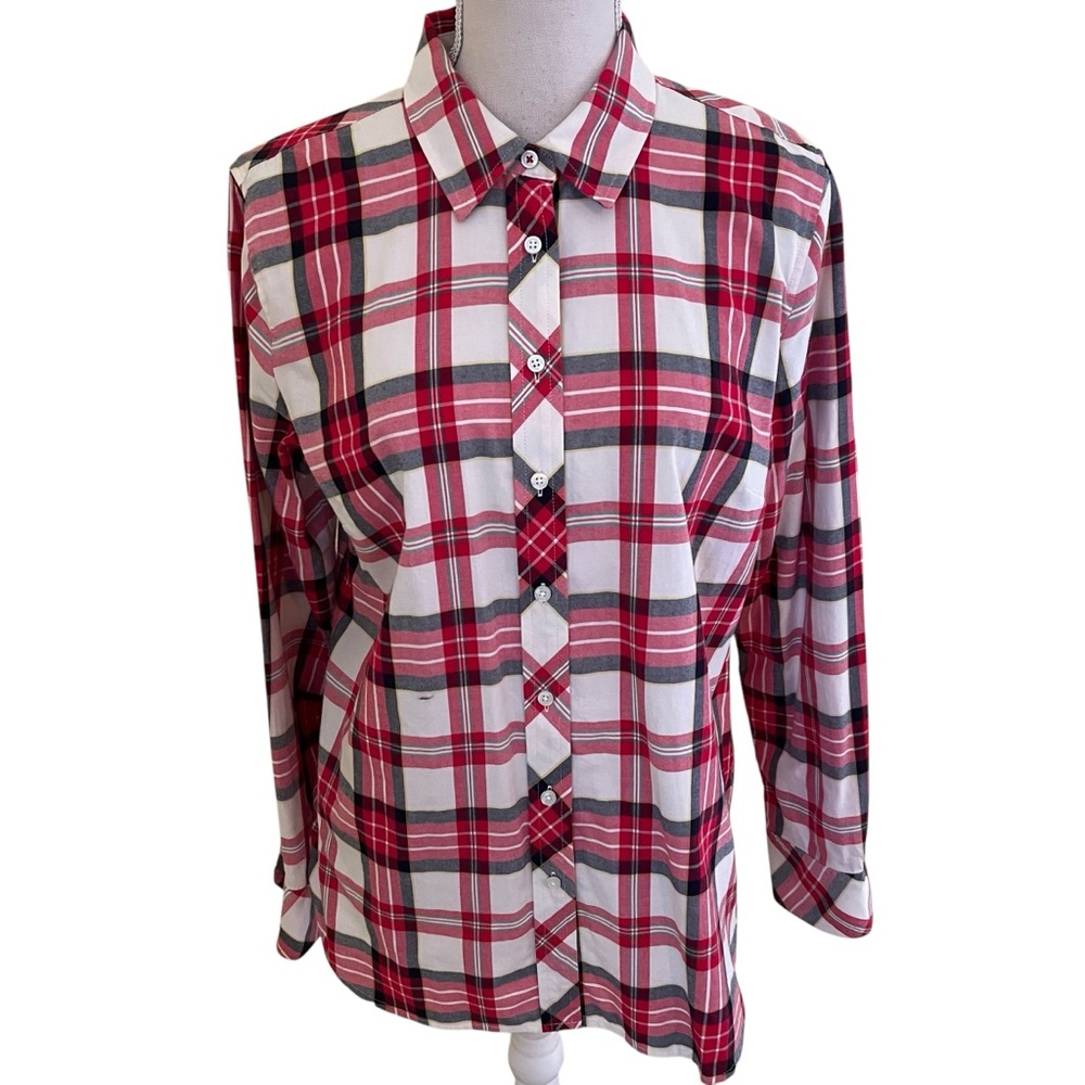 Talbots Cream/Red Plaid Cotton Button-Down Shirt M